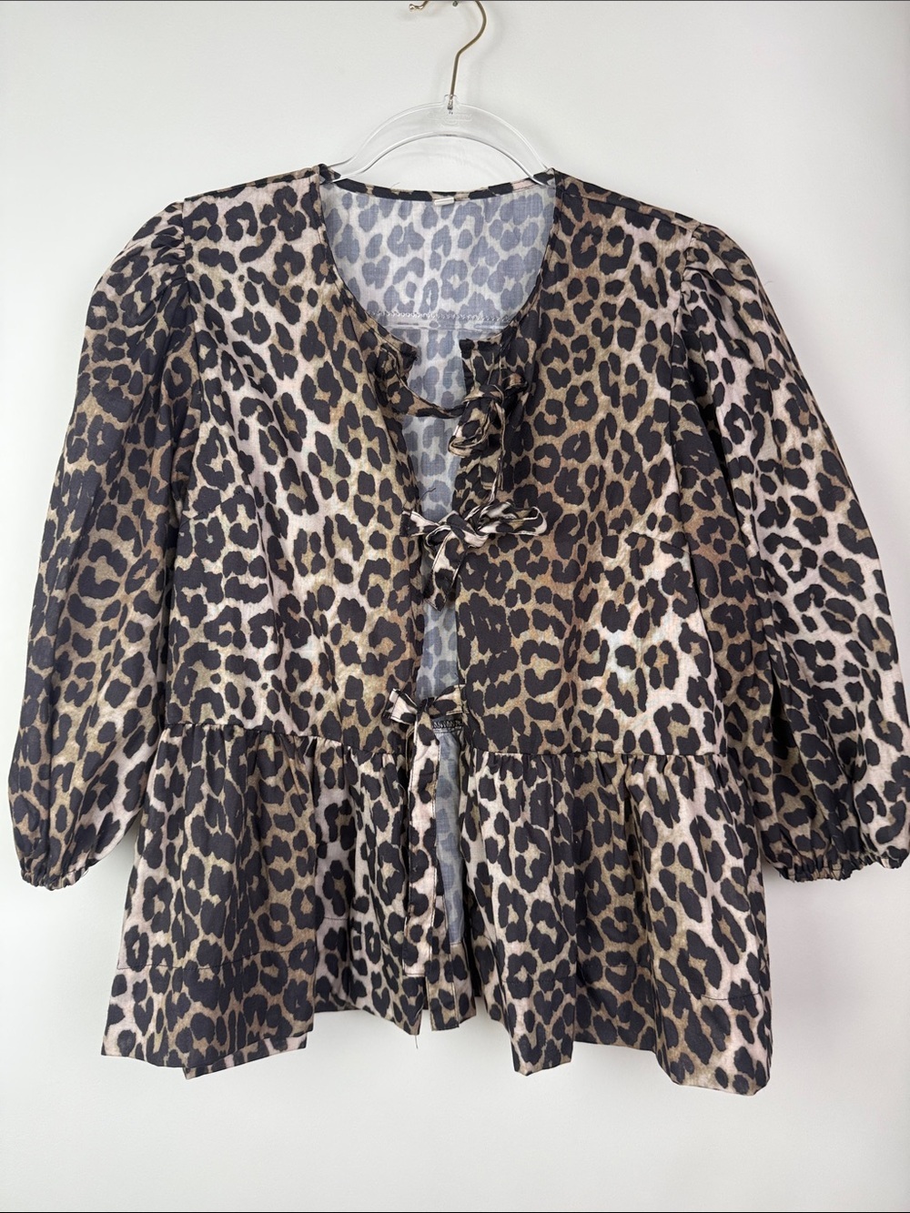 Mangmao Leopard Tie Front Top Blouse Peplum Babydoll Puff Sleeves Y2k Size M - Picture 3 of 8